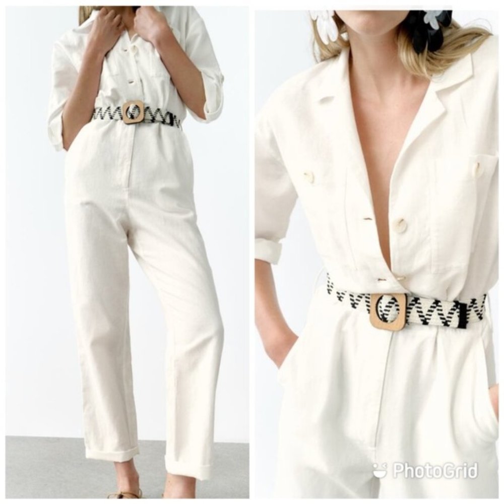 Zara women’s white linen blend jumpsuit overall with belt size medium